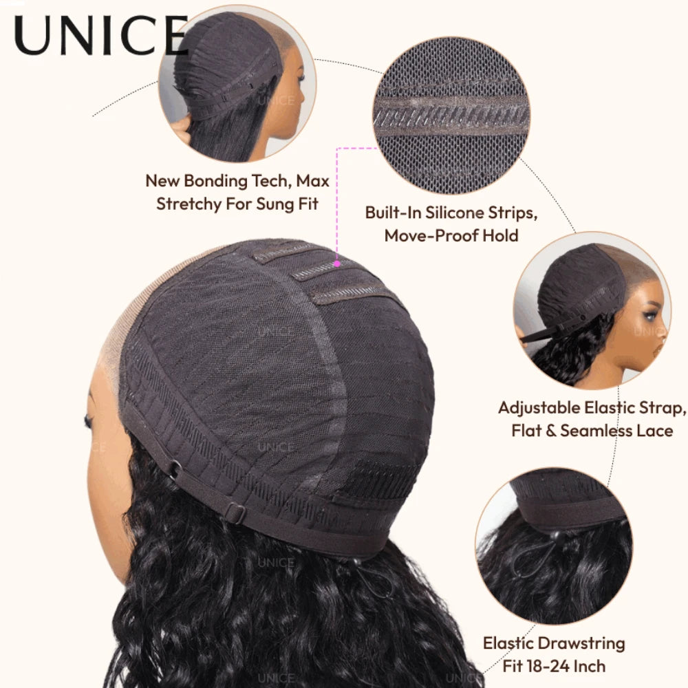 UNice No-Slip Cap 7x5 Lace Glueless Body Wave Human Hair Wigs With Drawstring & Secure Silicone Strips