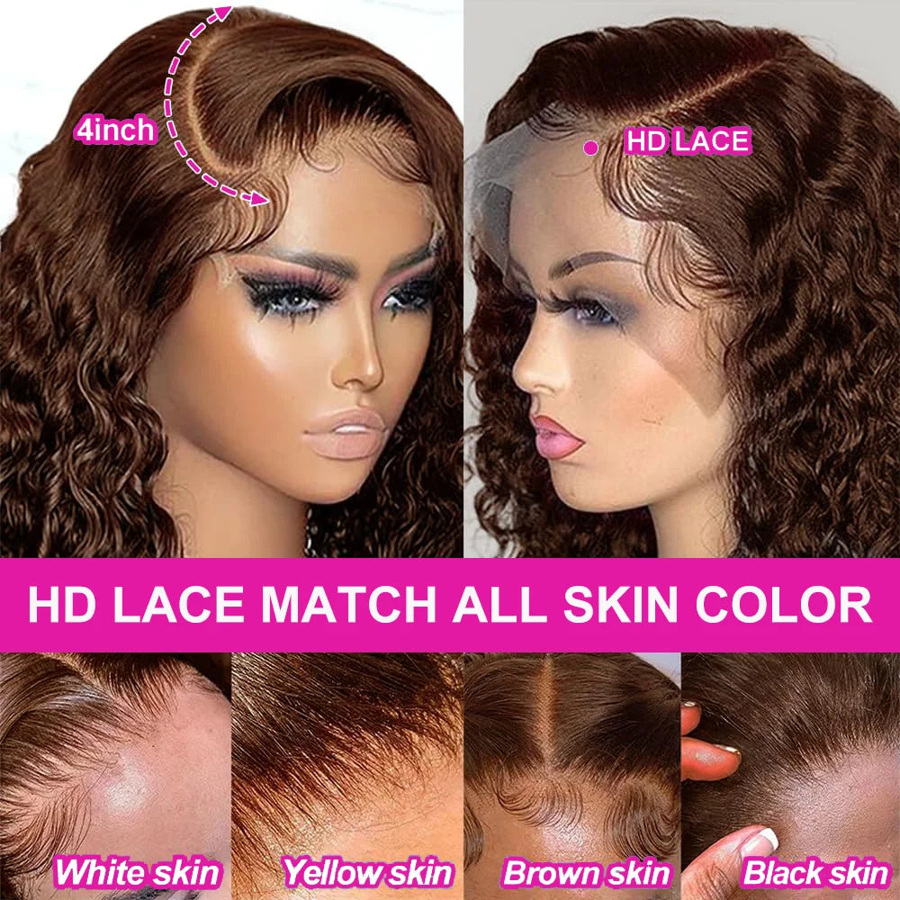 Wet And Wavy Lace Frontal Wig Short Bob Wig Pre Plucked #4 Deep Wave Full Virgin Human Hair Bob Brown Lace Front Wigs Bob Human Hair  Multi Part Pre Plucked with Baby hair