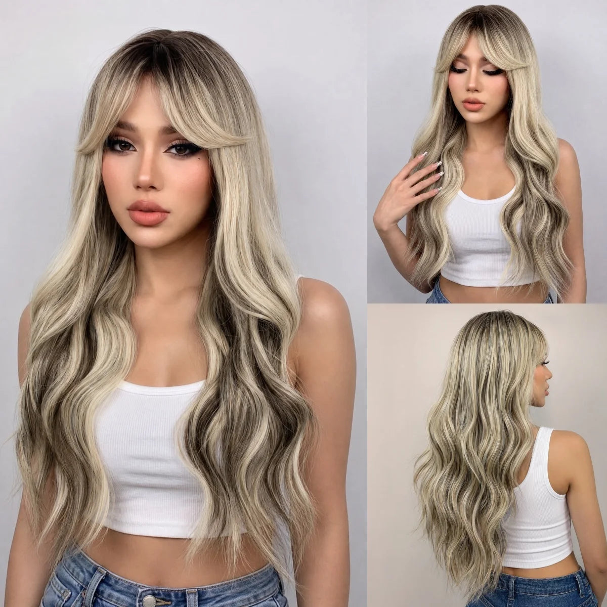 REEWES Ombre Blonde Long Black Wavy Synthetic Wig With Bang Daily Wear Anime Cosplay