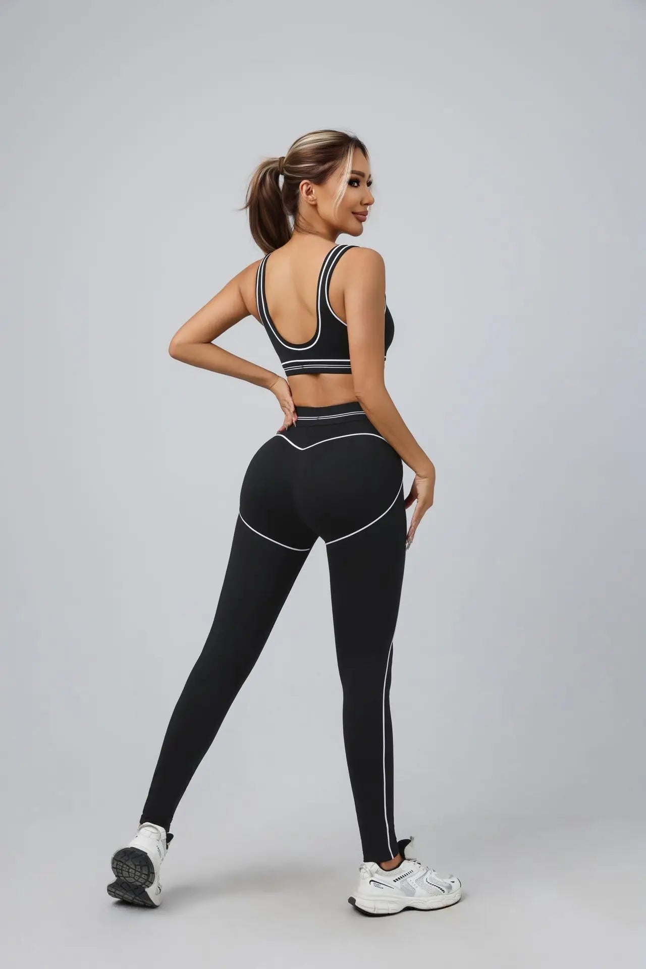 Yoga Suit Women Sport Set Pilates Clothing High Waisted Elasticized Leggings Hip Lifting Pants Gather Top Vest Strip Workout Set