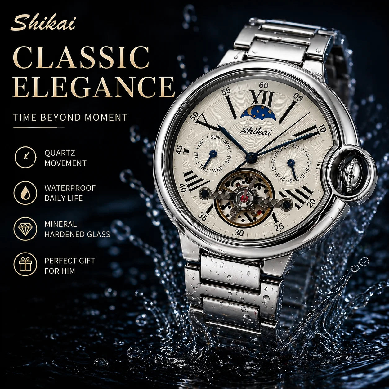 Mens Quartz Watch Stainless Steel Business Dress Wristwatch Roman Numeral Dial Daily Waterproof Gift Watch for Men
