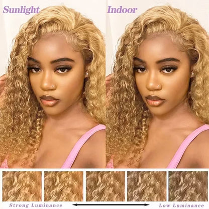 Honey Blonde Deep Wave Wigs Human Hair 13x6 HD Transparent Lace Frontal Wig 220% Density 27 Colored Curly Wigs For Women 36 Inch