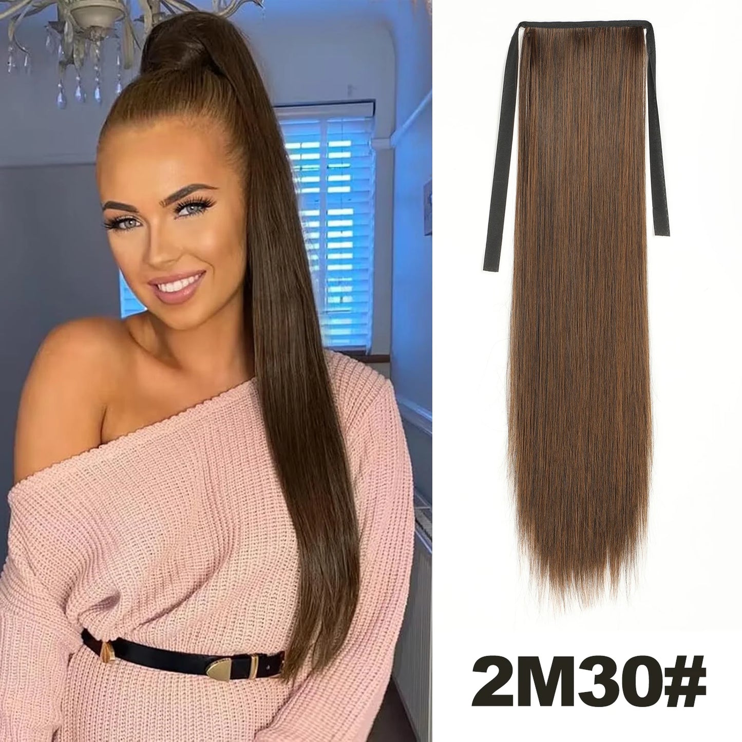 Straight Long Ponytail Extensions 22inch Natural Black Wrap Around Synthetic Hair Piece Pony Tail Hair Hairpieces for Women Girl