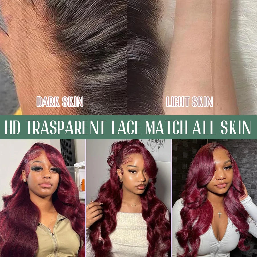 Body Wave Burgundy 40 Inches Long-length 200% High Density 13x6 13x4 HD Transparent Lace Frontal Wig Human Hair Wigs 99J Wine Red Pre Plucked Brazilian Hair For Women