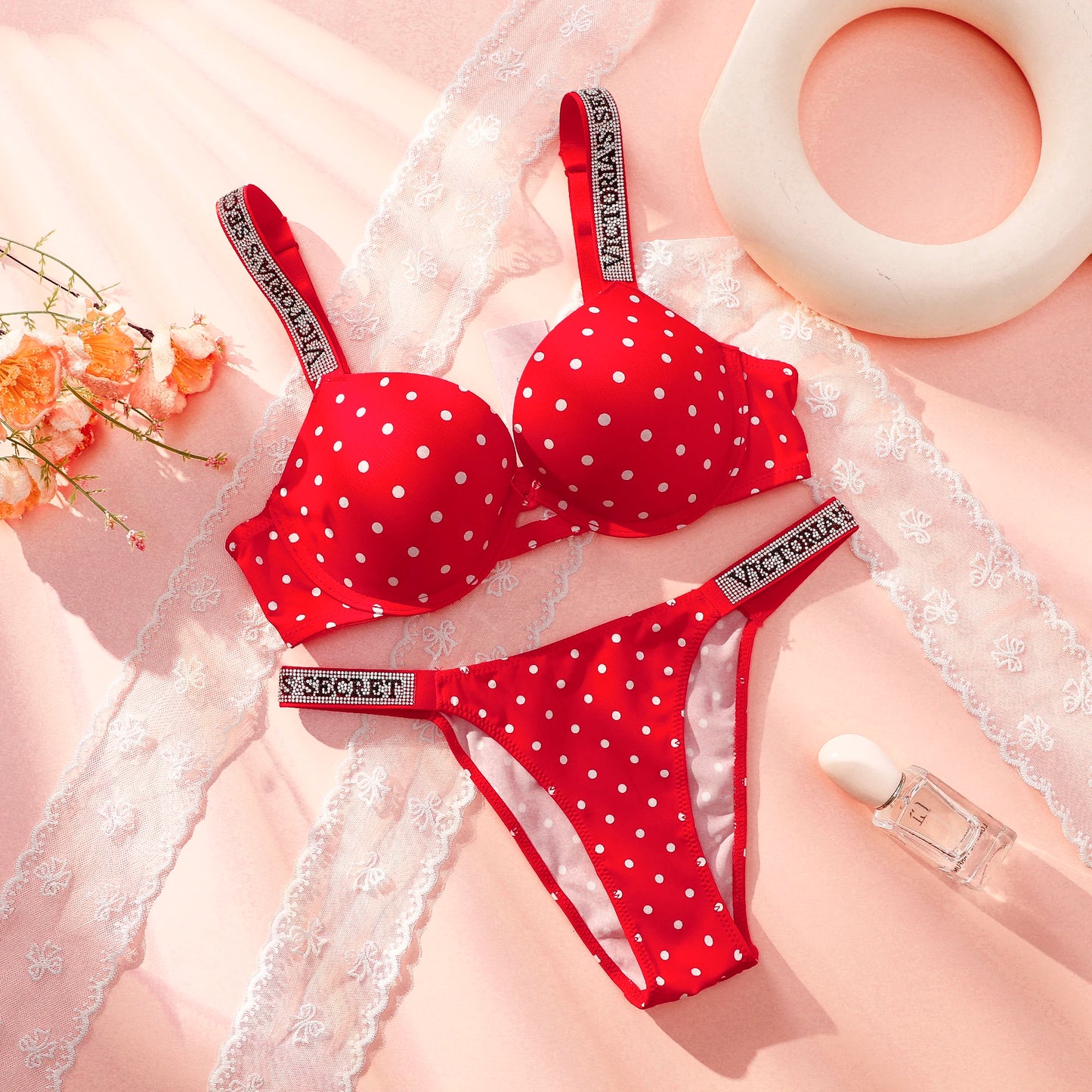Victoria Secret Sexy Lingerie Sleepwear Plus Size Comfortable Luxury New Women Polka Dot Lace Push Up Bra And Panty Set