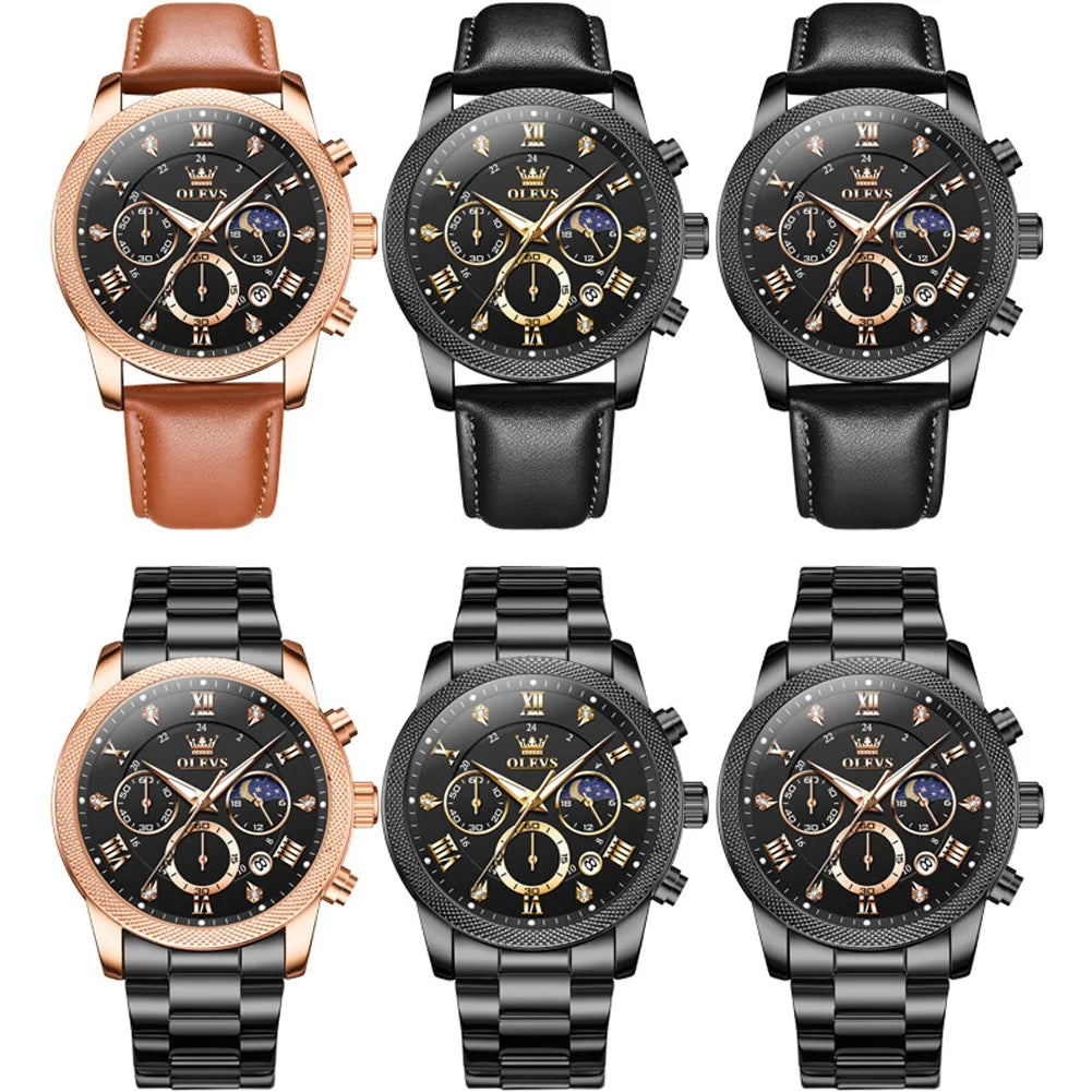 OLEVS Original Fashion Men's Watches Trendy 30m Waterproof Date Quartz Watch for Man luminous box moon phase Brand wristwatch