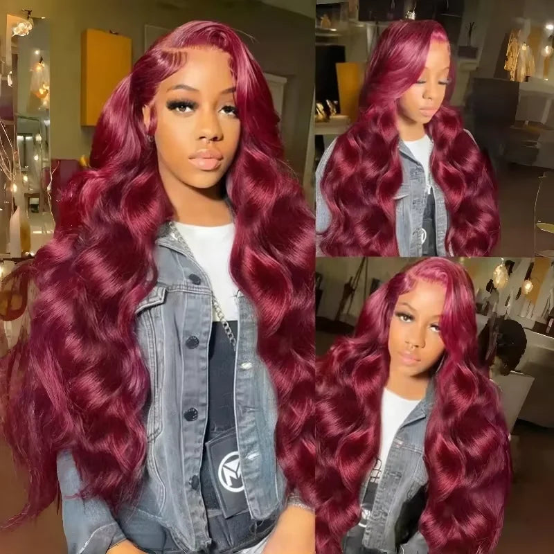 99J Burgundy Red 34 Inch Body Wave Lace Front Wigs 13x4 HD Transparent Human Hair Pre Plucked Dark Burgundy 99J Colored Wig 13x6 Lace  Wigs Pre-Plucked Body Wave Hairstyle For Women