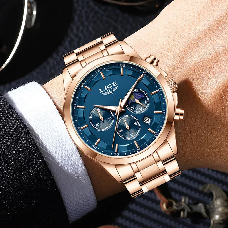 LIGE Luxury Fashion Quartz Man Watch Classic Business Auto Date Gentlemen Steel Band Moon Phase Waterproof Watches for Men Male