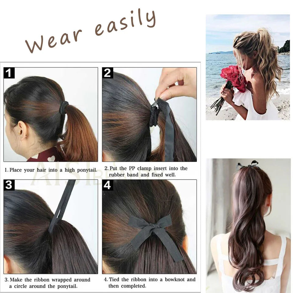 Straight Long Ponytail Extensions 22inch Natural Black Wrap Around Synthetic Hair Piece Pony Tail Hair Hairpieces for Women Girl