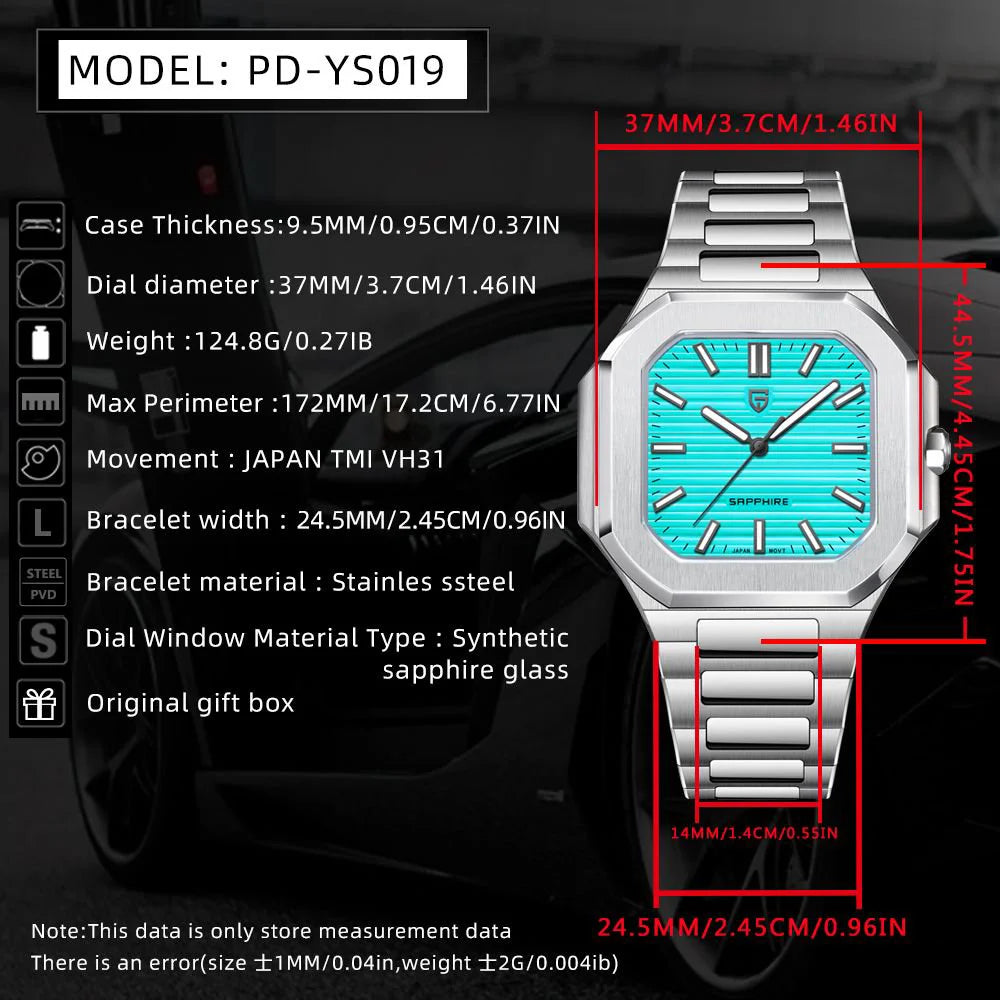 TOP New PAGANI DESIGN 37MM Square Men Quartz Watches Luxury Sapphire Glass AR Coated Business Watch VH31 Luminous Watch for Men