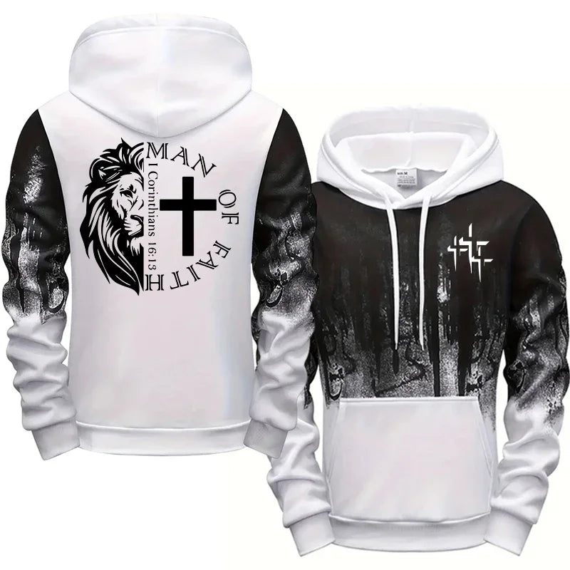 Man of Faith Pattern Men's Set Hooded Sweatshirt and Black Sweatpants Fall Winter Daily Casual Sports Jogger Suit Hoodie Outfits