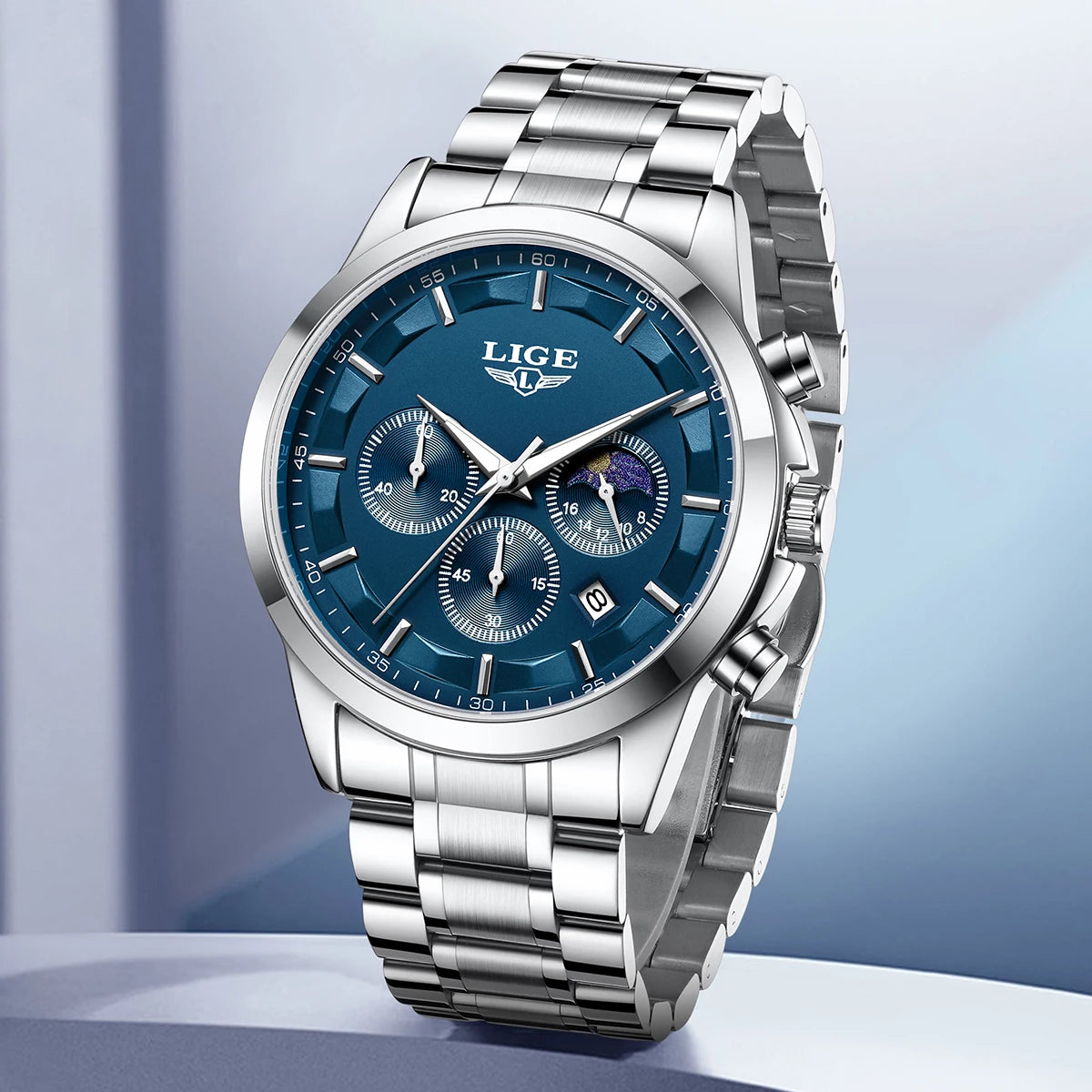 LIGE Luxury Fashion Quartz Man Watch Classic Business Auto Date Gentlemen Steel Band Moon Phase Waterproof Watches for Men Male