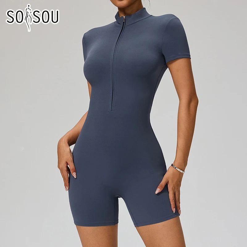 SOISOU Zipper Jumpsuit Women Short Sleeves Clothing Sportswear Woman Gym Yoga Sport Sets Nylon Workout Sets Women Tracksuit