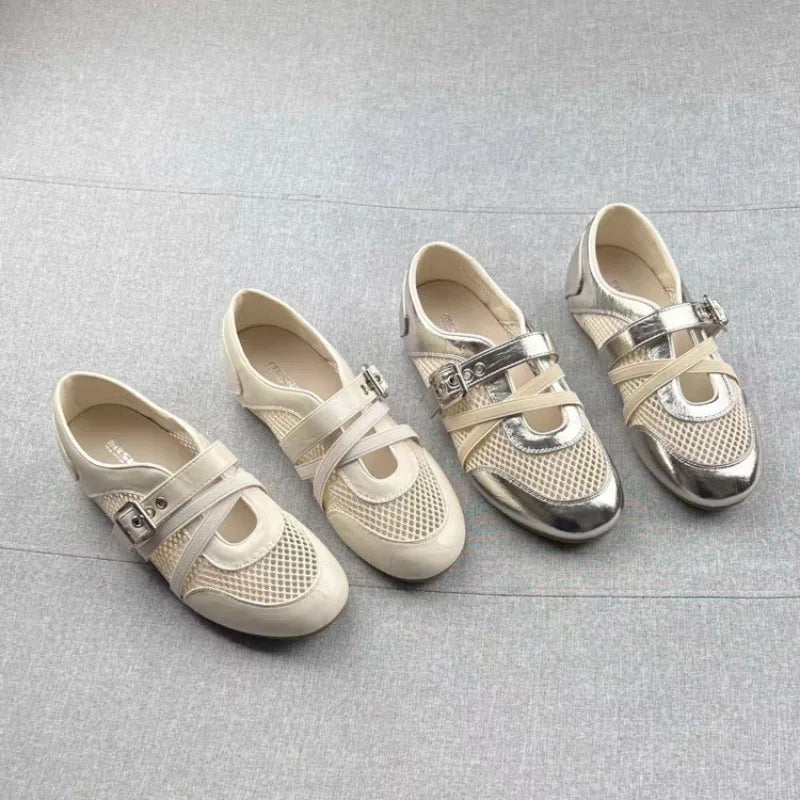 New Splicing Woven Hollow Sneakers 2026 Spring and Summer Buckle Non-slip Casual Single Shoes