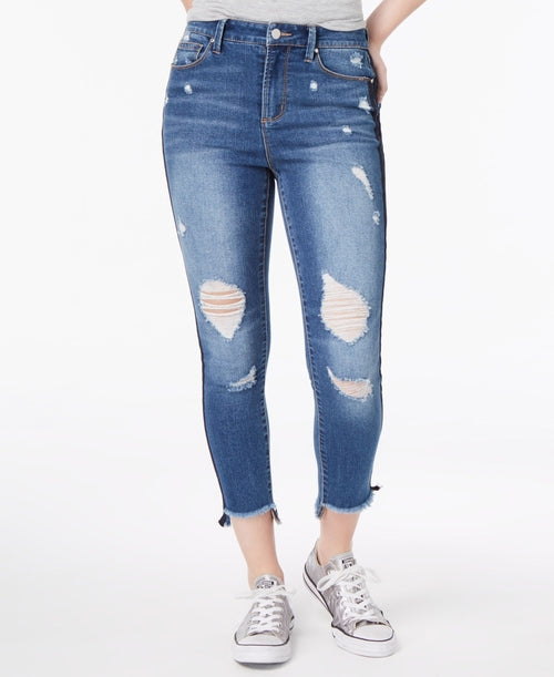 Tinseltown Juniors Ripped Varsity Stripe Ankle Skinny Jeans