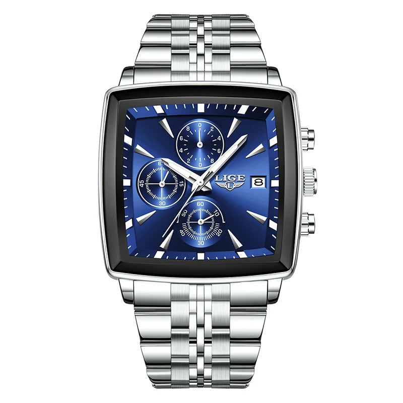 LIGE Business Men's Watches Square Waterproof Luminous Sports Quartz Watch Stainless Steel Strap Calendar Relogios Masculino+Box