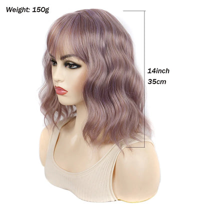 Jeedou 14 Inch Water Wave Bob Wig With Air Bangs Matte Synthetic Short Wavy Wigs For Women Daily Cosplay Colorful Wig