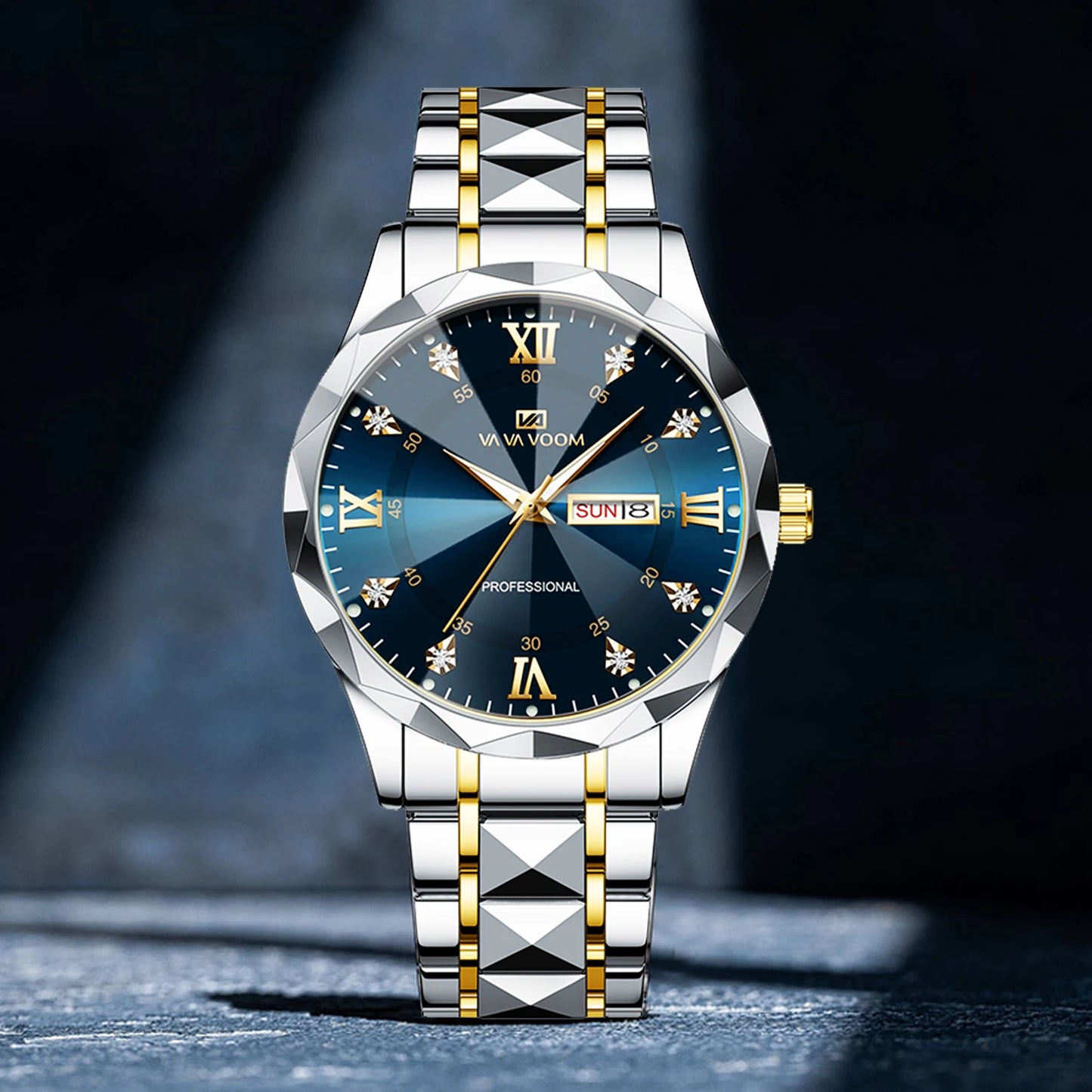 VA VA VOOM Hot Selling Original Blue Gold Quartz Watch Men Fashion High Quality Japanese Movement Gold Stainless Steel Fashion Clock Sports Gift Watch Men Rhombus Design Business Quartz Watch Men Fashion Gold Clock Sports Gift Watch for Men