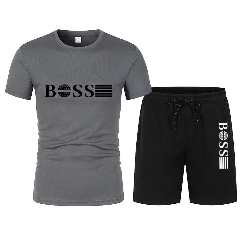 Summer new men's mesh two-piece running T-shirt and short casual elastic round-neck sports suit, comfortable and quick-drying