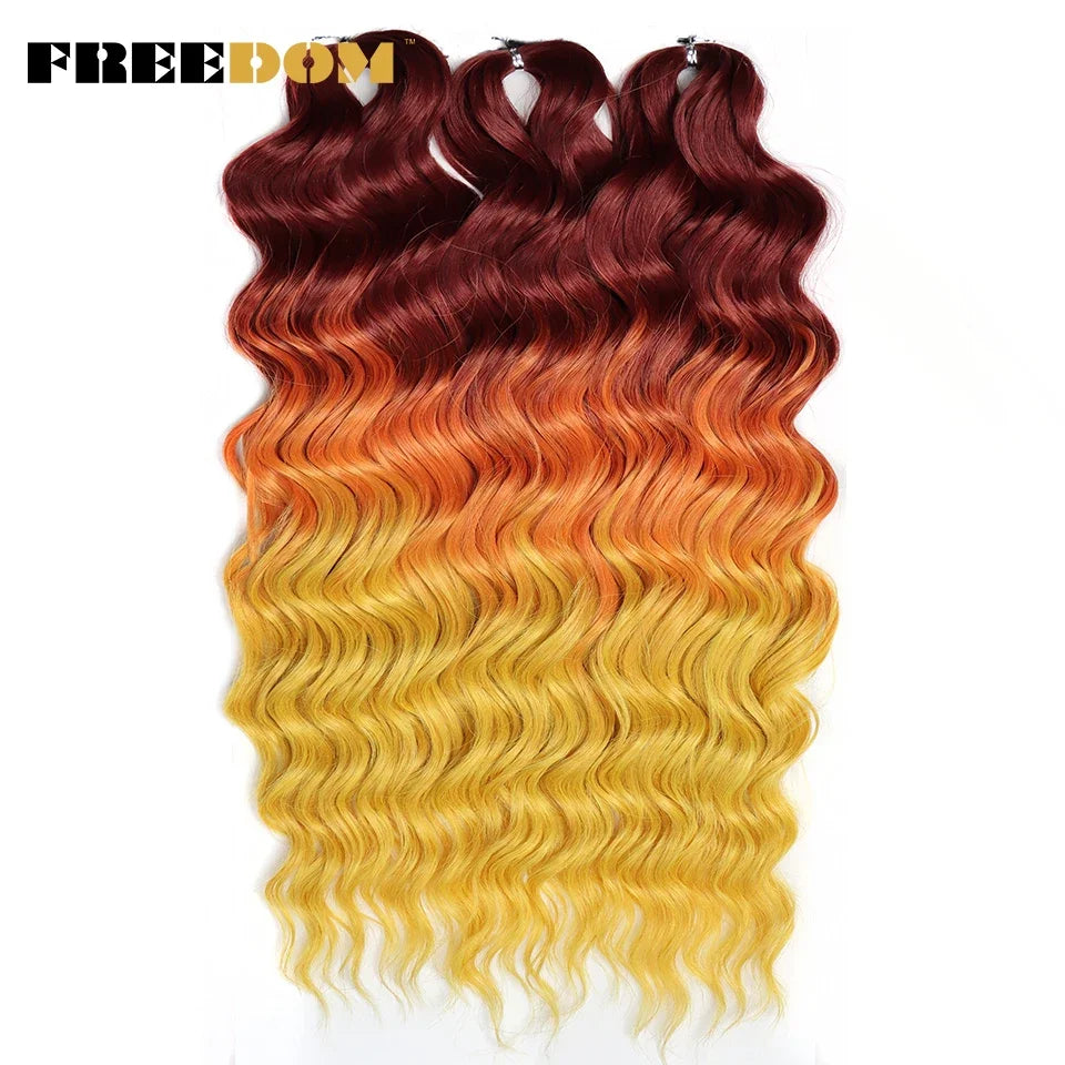 FREEDOM Synthetic Curly Braiding Hair Extensions 24 Inch/60 cm Long Deep Wavy Twist Crochet Braids Hair Ombre Brown Rainbow Hair