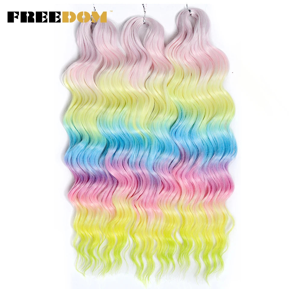 FREEDOM Synthetic Curly Braiding Hair Extensions 24 Inch/60 cm Long Deep Wavy Twist Crochet Braids Hair Ombre Brown Rainbow Hair
