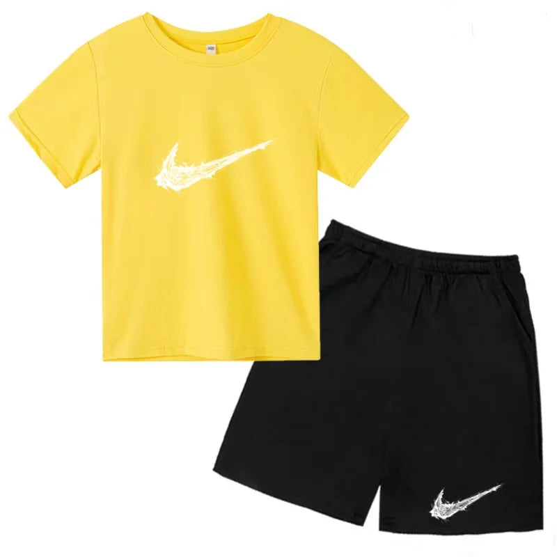 Summer Brand White T-shirt+Shorts Two-piece Set Kids New Clothing Fashion Letter Boy Girl3-13Yrs Sports Short-sleeved Casual Set