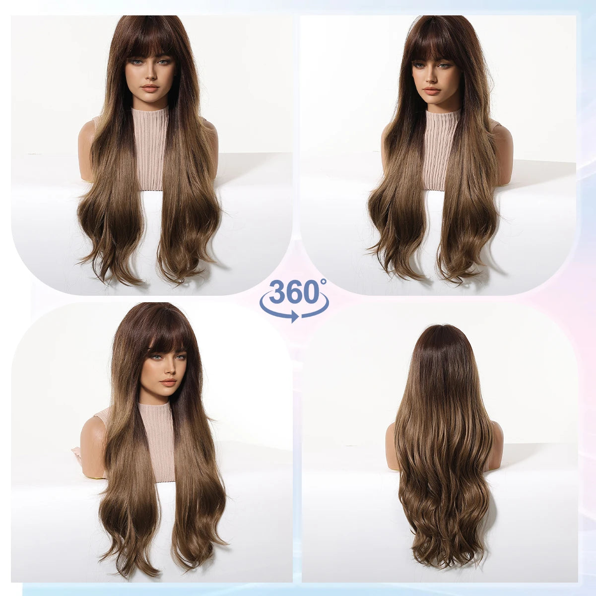 LOUIS FERRE Long Wavy Ombre Brown Wig with Bangs Synthetic Hair Wig Heat Resistant Daily Wear Office Party Cosplay Halloween