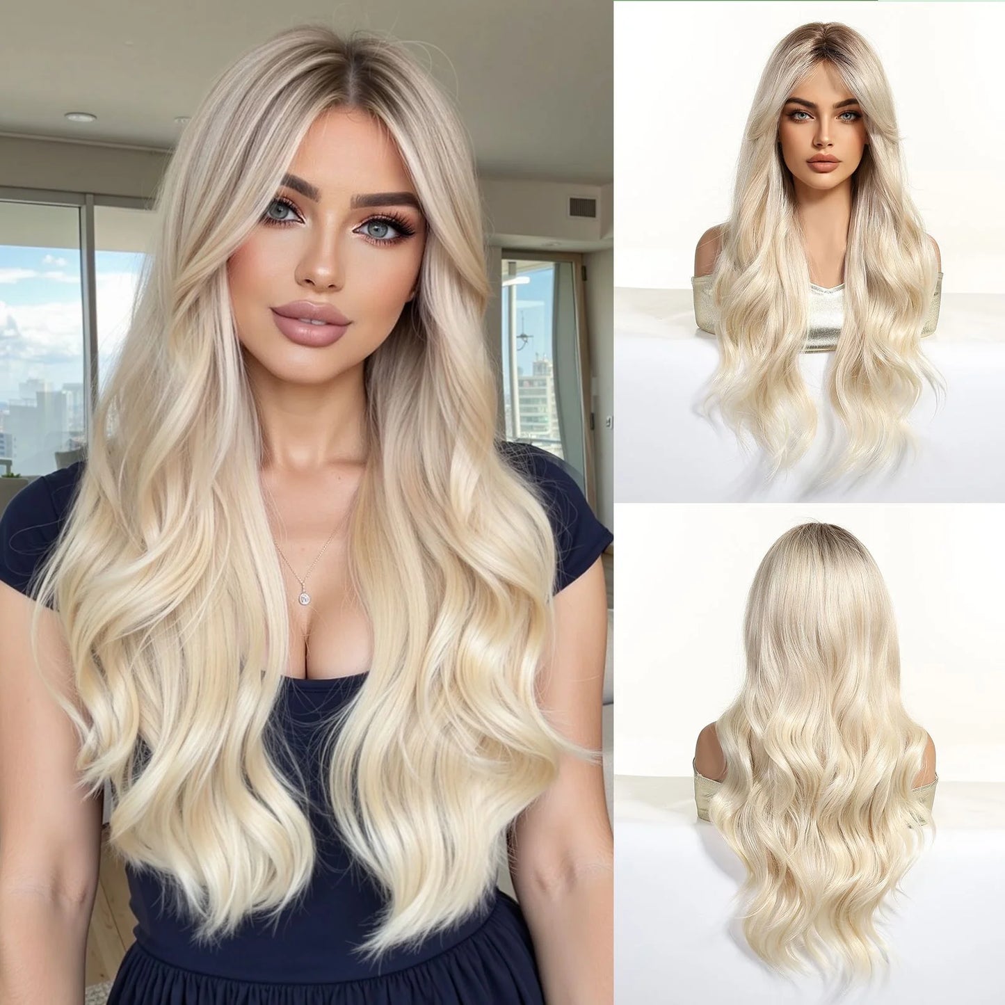 LOUIS FERRE Long Wavy Ombre Brown Wig with Bangs Synthetic Hair Wig Heat Resistant Daily Wear Office Party Cosplay Halloween