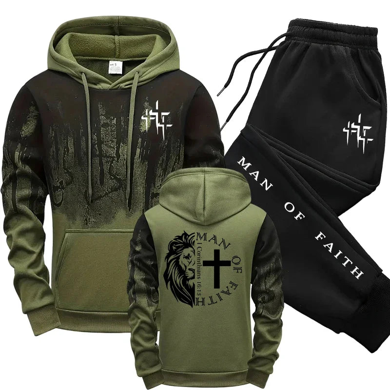 Man of Faith Pattern Men's Set Hooded Sweatshirt and Black Sweatpants Fall Winter Daily Casual Sports Jogger Suit Hoodie Outfits