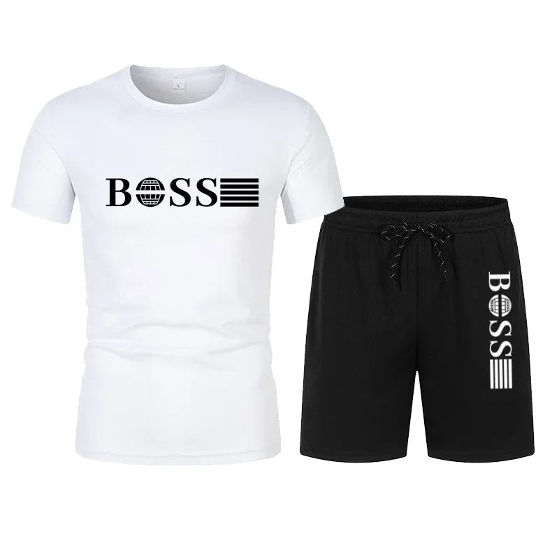 Summer new men's mesh two-piece running T-shirt and short casual elastic round-neck sports suit, comfortable and quick-drying
