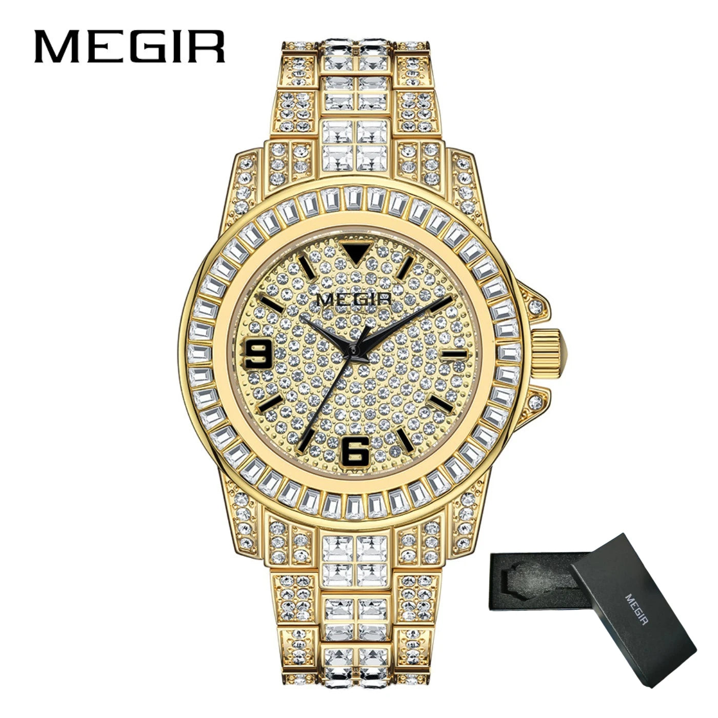 MEGIR Luxury Diamond Watches Unisex Fashion Analog Quartz Watch Bracelet Wristwatch Men Rhinestone Strap Relogios Masculino