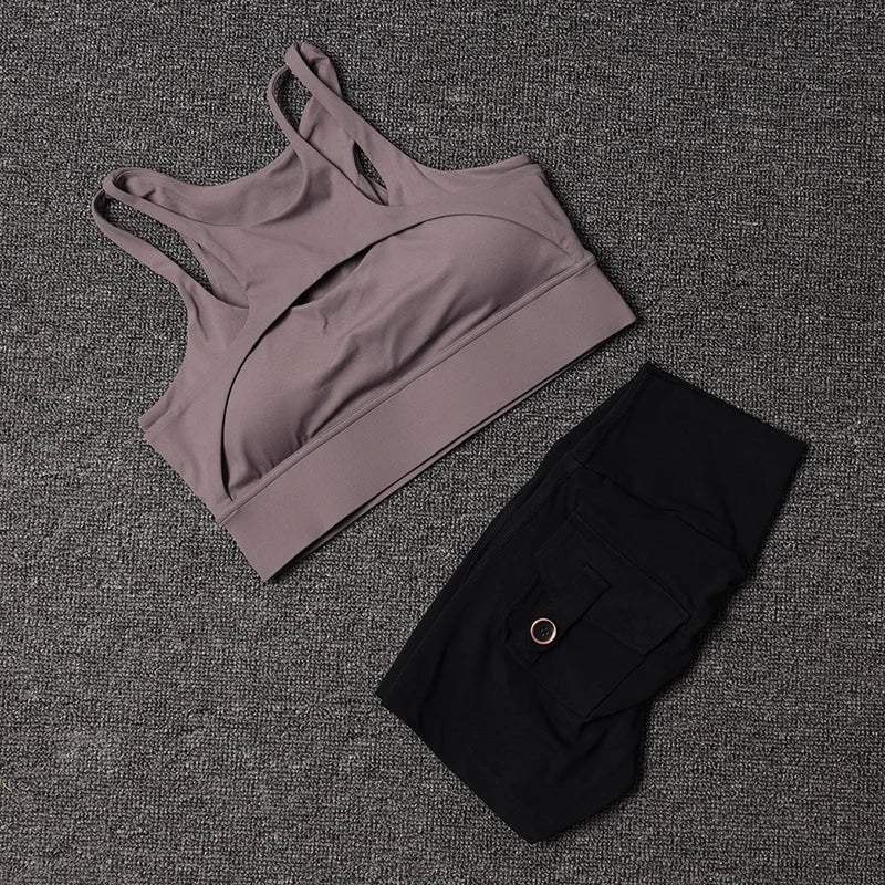 Fitness Shorts Yoga Sets Women's Tracksuit High Waist Sportswear Bra Workout Leggings Cycling Gym Shorts Sports Suit With Pocket