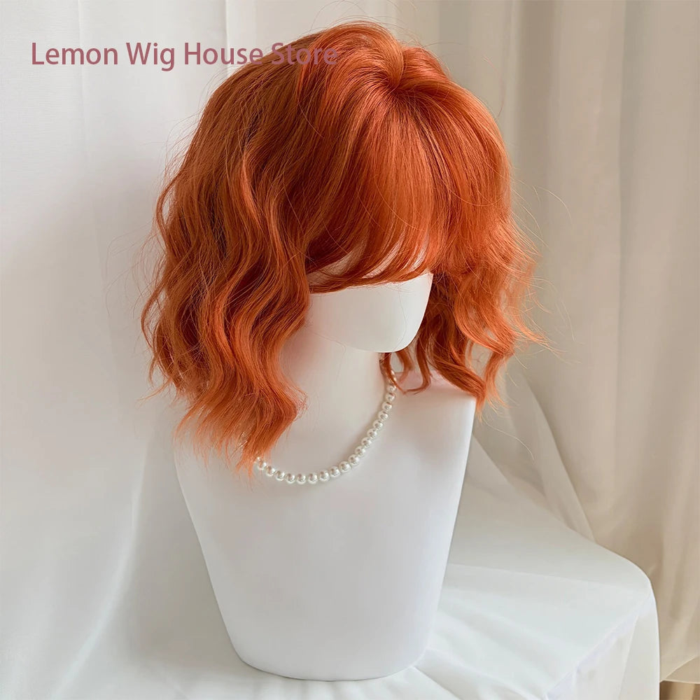 Short Wavy Orange Wig with Bangs 12inch Curly Hair Lolita High Quality Synthetic Wigs for Women Daily Cosplay Wig Heat Resistant