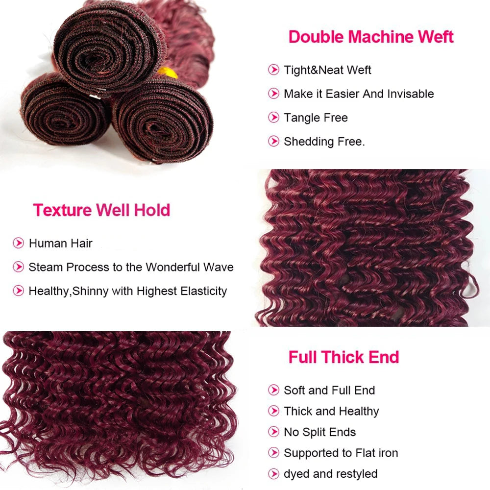 99J Color Burmese Curly Hair Bundles Burgundy Human Hair Bundle Extension Human Hair Weave Tissage  Deep Wave 1/3/4 Bundles