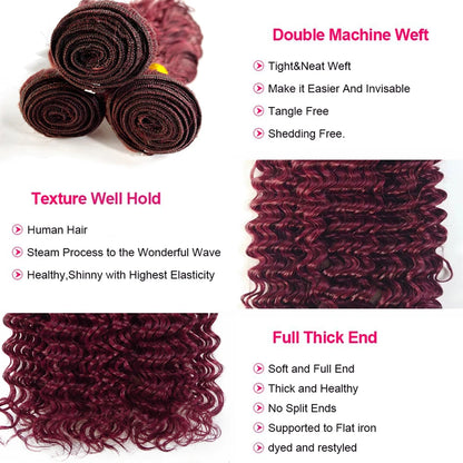 99J Color Burmese Curly Hair Bundles Burgundy Human Hair Bundle Extension Human Hair Weave Tissage  Deep Wave 1/3/4 Bundles