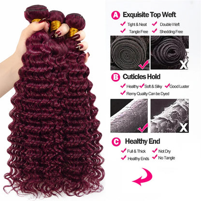99J Color Burmese Curly Hair Bundles Burgundy Human Hair Bundle Extension Human Hair Weave Tissage  Deep Wave 1/3/4 Bundles