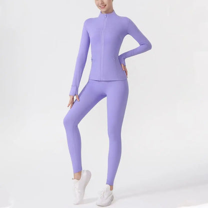 USA Zipper Two Piece Legging Sets Women High Elastic Yoga Outfit Long Sleeve Tops & Pants Gym Set