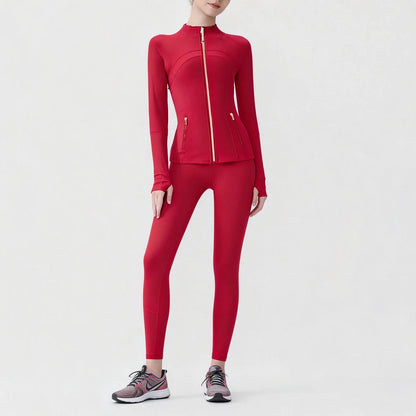 USA Zipper Two Piece Legging Sets Women High Elastic Yoga Outfit Long Sleeve Tops & Pants Gym Set
