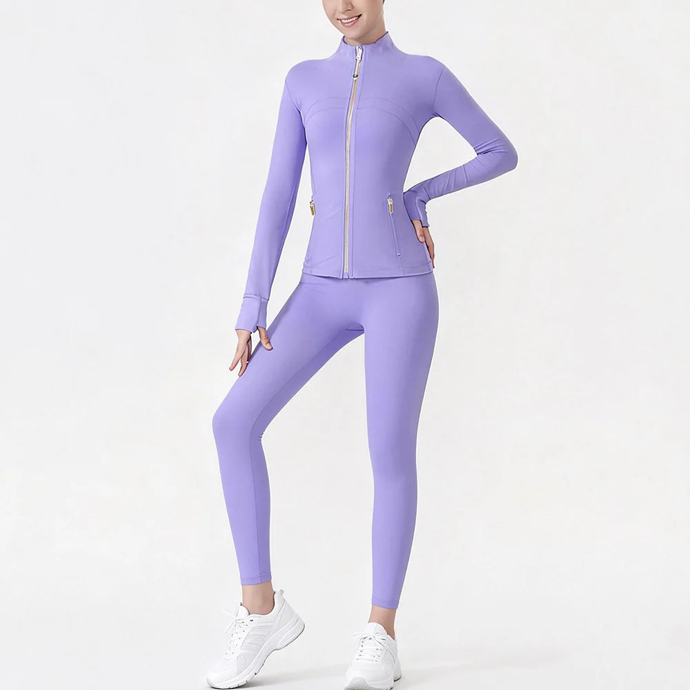 USA Zipper Two Piece Legging Sets Women High Elastic Yoga Outfit Long Sleeve Tops & Pants Gym Set