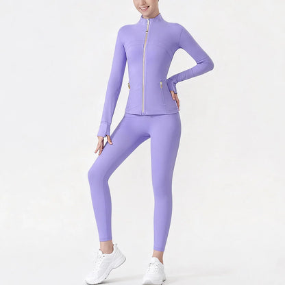 USA Zipper Two Piece Legging Sets Women High Elastic Yoga Outfit Long Sleeve Tops & Pants Gym Set