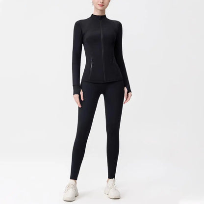 USA Zipper Two Piece Legging Sets Women High Elastic Yoga Outfit Long Sleeve Tops & Pants Gym Set