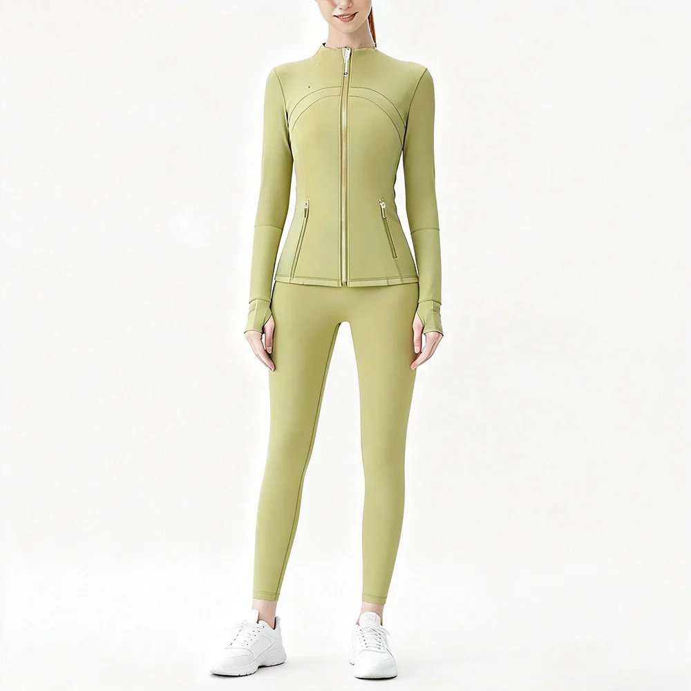 USA Zipper Two Piece Legging Sets Women High Elastic Yoga Outfit Long Sleeve Tops & Pants Gym Set