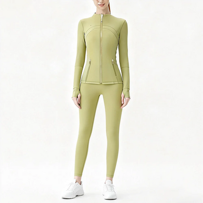 USA Zipper Two Piece Legging Sets Women High Elastic Yoga Outfit Long Sleeve Tops & Pants Gym Set