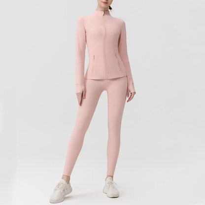 USA Zipper Two Piece Legging Sets Women High Elastic Yoga Outfit Long Sleeve Tops & Pants Gym Set