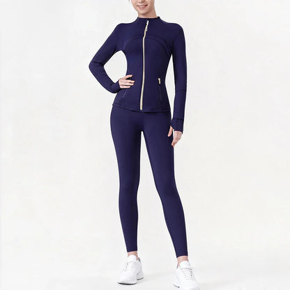 USA Zipper Two Piece Legging Sets Women High Elastic Yoga Outfit Long Sleeve Tops & Pants Gym Set