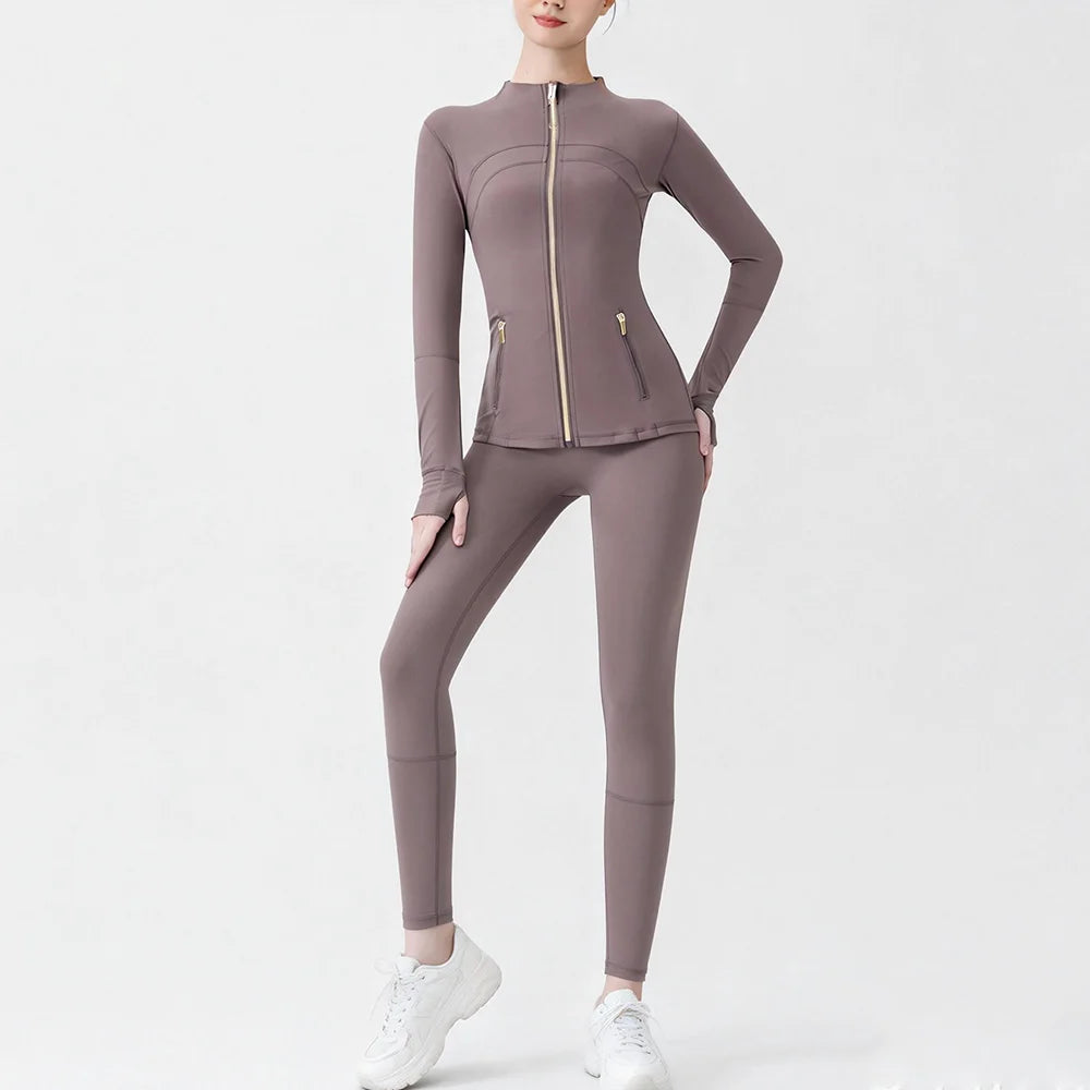 USA Zipper Two Piece Legging Sets Women High Elastic Yoga Outfit Long Sleeve Tops & Pants Gym Set