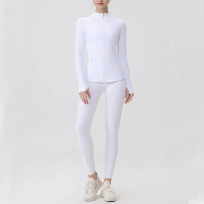 USA Zipper Two Piece Legging Sets Women High Elastic Yoga Outfit Long Sleeve Tops & Pants Gym Set