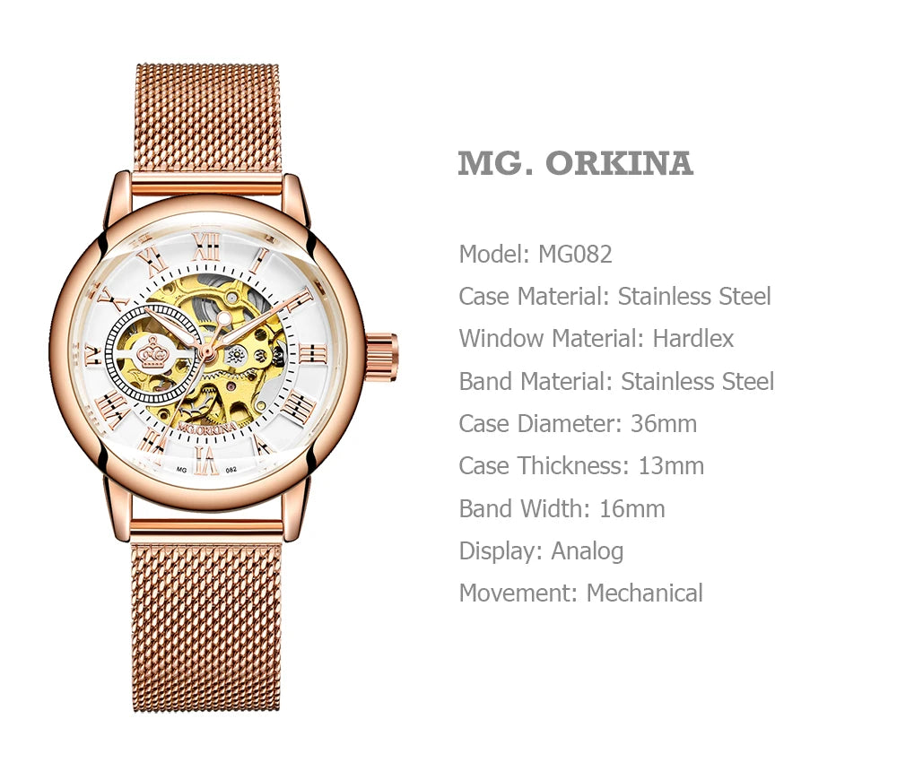 ORKINA Automatic Mechanical Women's Watch Top Brand Luxury Fashion Casual Leather or Stainless Steel Band Lady Dress Wristwatch