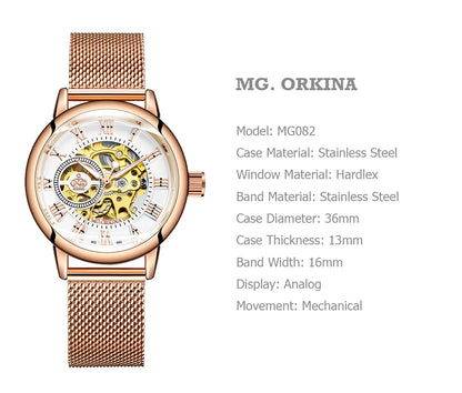 ORKINA Automatic Mechanical Women's Watch Top Brand Luxury Fashion Casual Leather or Stainless Steel Band Lady Dress Wristwatch