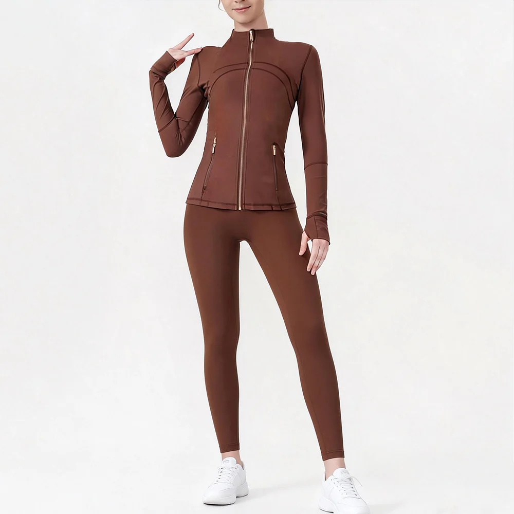 USA Zipper Two Piece Legging Sets Women High Elastic Yoga Outfit Long Sleeve Tops & Pants Gym Set